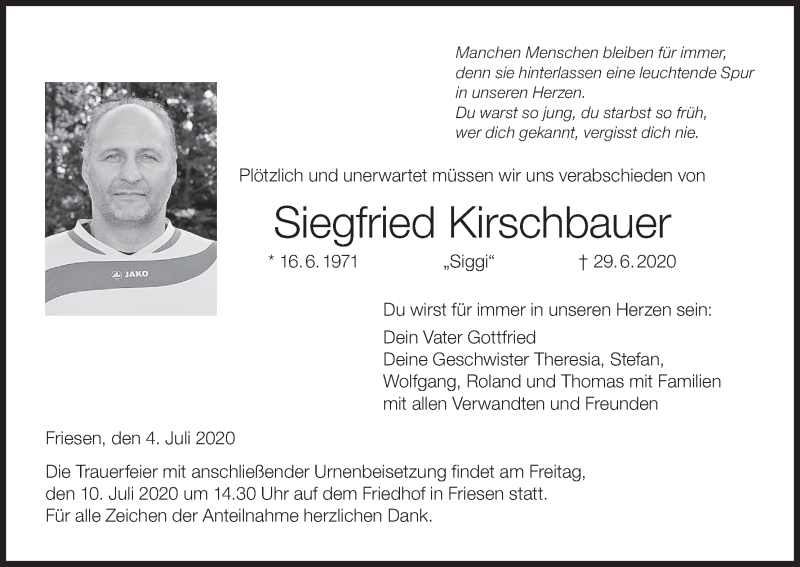  Traueranzeige für Siegfried Kirschbauer vom 04.07.2020 aus MGO