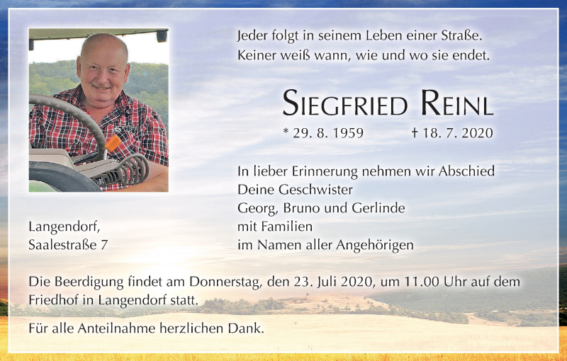  Traueranzeige für Siegfried Reinl vom 21.07.2020 aus MGO