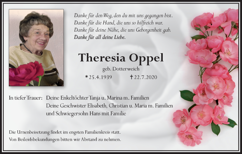  Traueranzeige für Theresia Oppel vom 25.07.2020 aus MGO