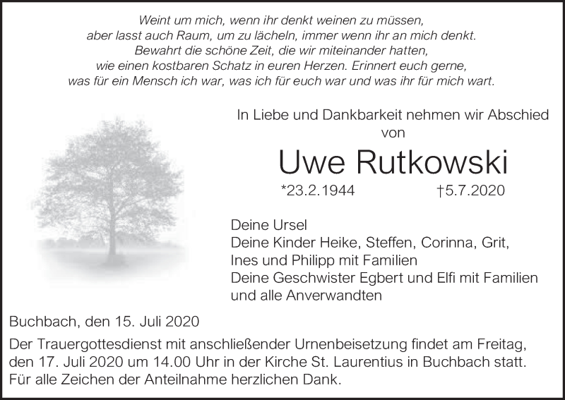  Traueranzeige für Uwe Rutkowski vom 15.07.2020 aus MGO