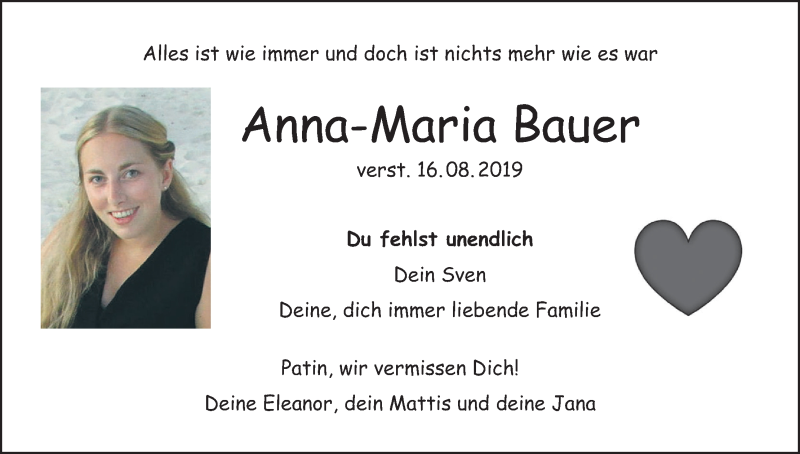  Traueranzeige für Anna-Maria Bauer vom 15.08.2020 aus MGO