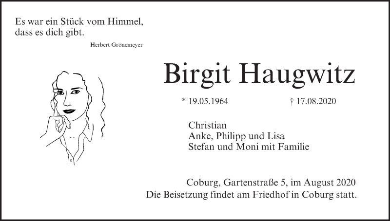  Traueranzeige für Birgit Haugwitz vom 22.08.2020 aus MGO