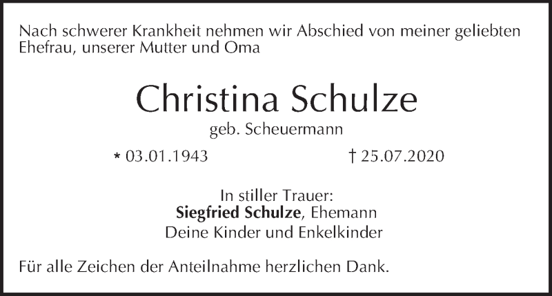  Traueranzeige für Christina Schulze vom 01.08.2020 aus MGO