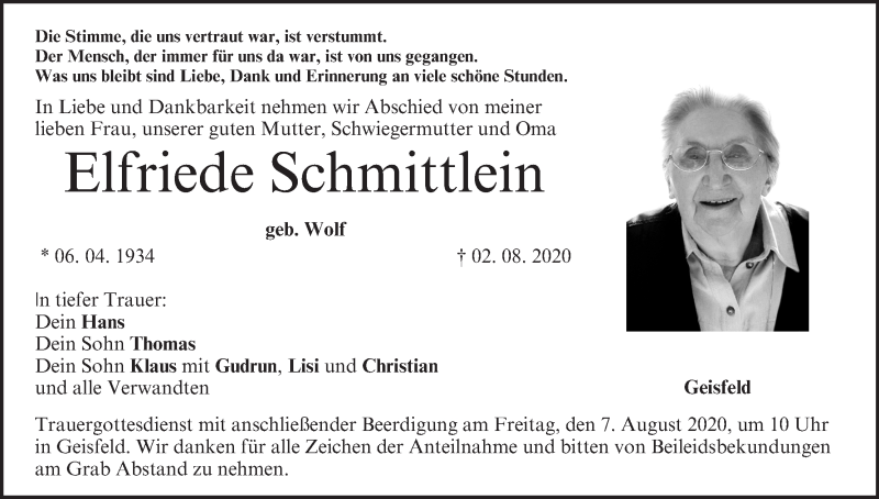  Traueranzeige für Elfriede Schmittlein vom 05.08.2020 aus MGO