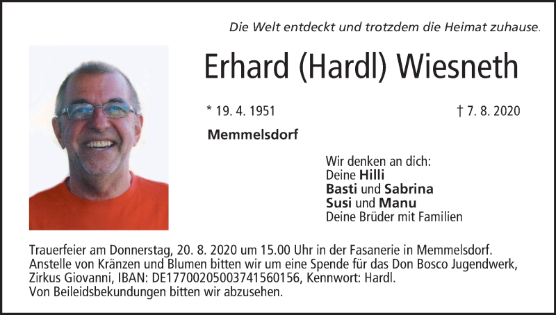  Traueranzeige für Erhard  Wiesneth vom 15.08.2020 aus MGO