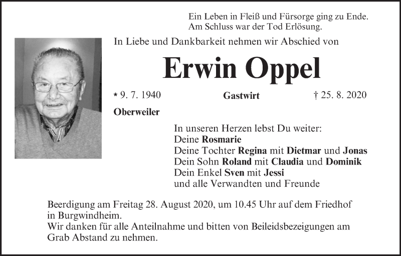  Traueranzeige für Erwin Oppel vom 27.08.2020 aus MGO
