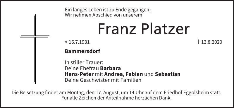  Traueranzeige für Franz Platzer vom 15.08.2020 aus MGO