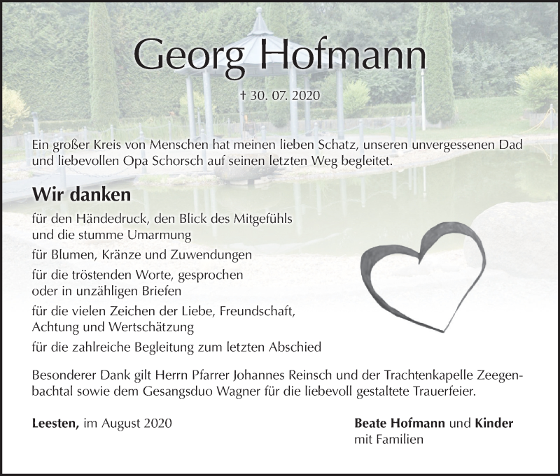  Traueranzeige für Georg Hofmann vom 15.08.2020 aus MGO