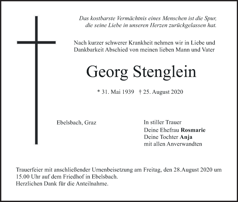  Traueranzeige für Georg Stenglein vom 26.08.2020 aus MGO