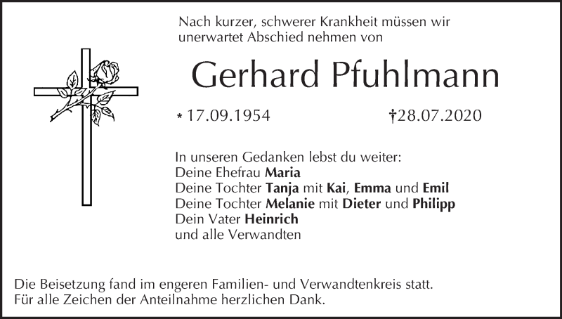  Traueranzeige für Gerhard Pfuhlmann vom 08.08.2020 aus MGO