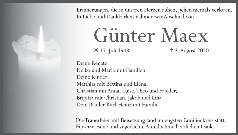  Traueranzeige für Günter Maex vom 08.08.2020 aus MGO
