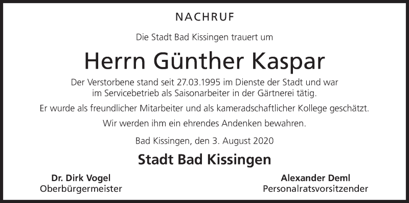  Traueranzeige für Günther Kaspar vom 03.08.2020 aus MGO