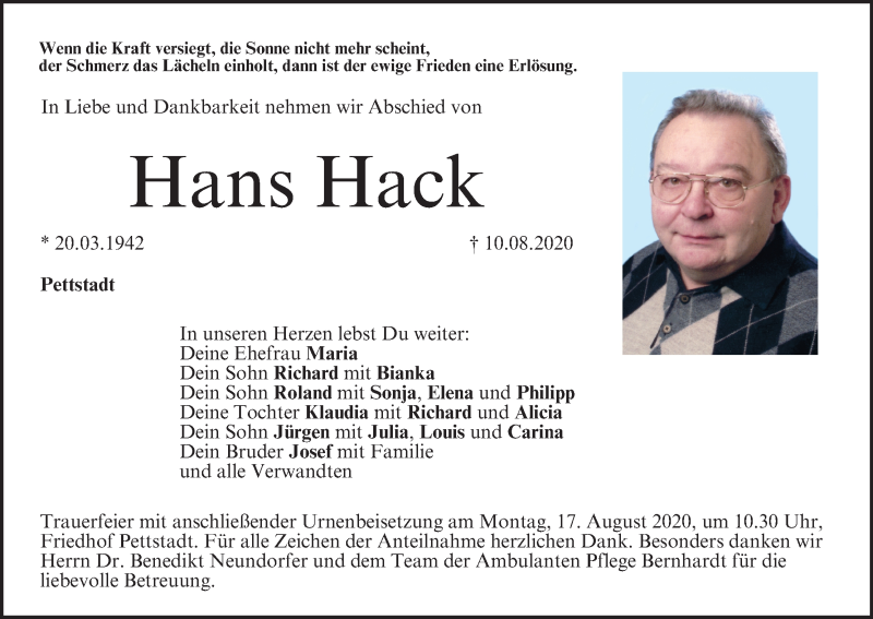  Traueranzeige für Hans Hack vom 13.08.2020 aus MGO