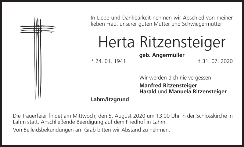  Traueranzeige für Herta Ritzensteiger vom 04.08.2020 aus MGO