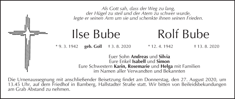  Traueranzeige für Ilse Bube vom 22.08.2020 aus MGO