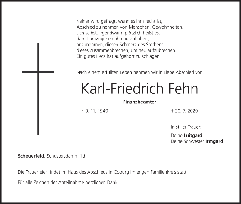  Traueranzeige für Karl-Friedrich Fehn vom 01.08.2020 aus MGO