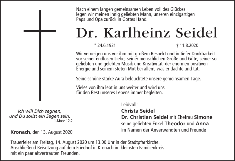  Traueranzeige für Karlheinz Seidel vom 13.08.2020 aus MGO