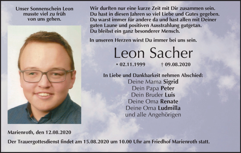 Traueranzeige für Leon Sacher vom 12.08.2020 aus MGO