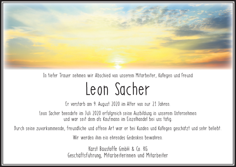  Traueranzeige für Leon Sacher vom 14.08.2020 aus MGO