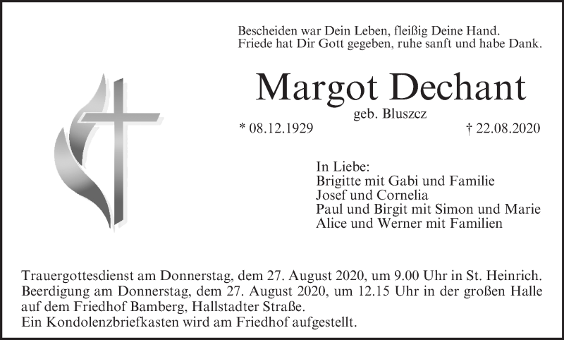  Traueranzeige für Margot Dechant vom 25.08.2020 aus MGO