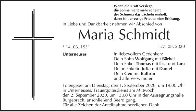  Traueranzeige für Maria Schmidt vom 29.08.2020 aus MGO