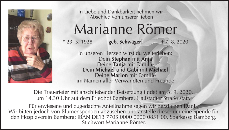 Traueranzeige für Marianne Römer vom 15.08.2020 aus MGO