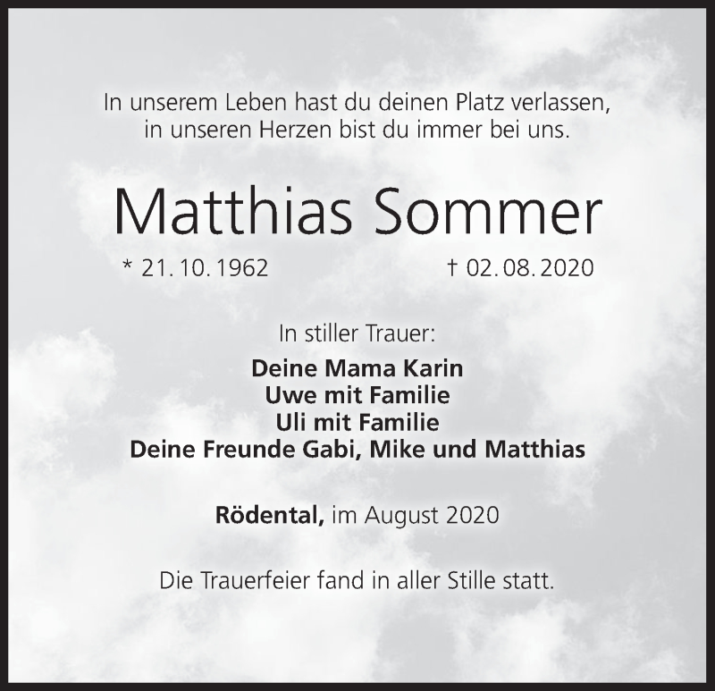  Traueranzeige für Matthias Sommer vom 15.08.2020 aus MGO