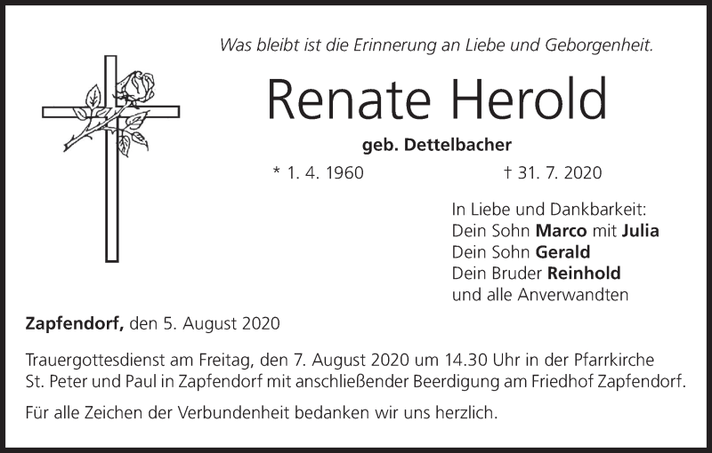  Traueranzeige für Renate Herold vom 05.08.2020 aus MGO