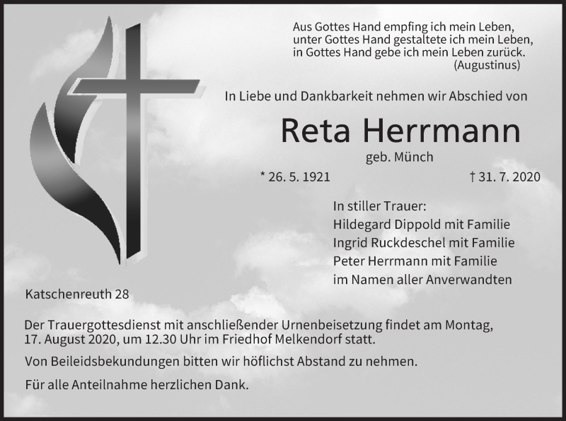  Traueranzeige für Reta Herrmann vom 14.08.2020 aus MGO