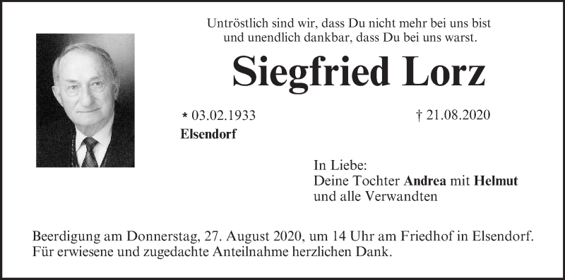  Traueranzeige für Siegfried Lorz vom 25.08.2020 aus MGO