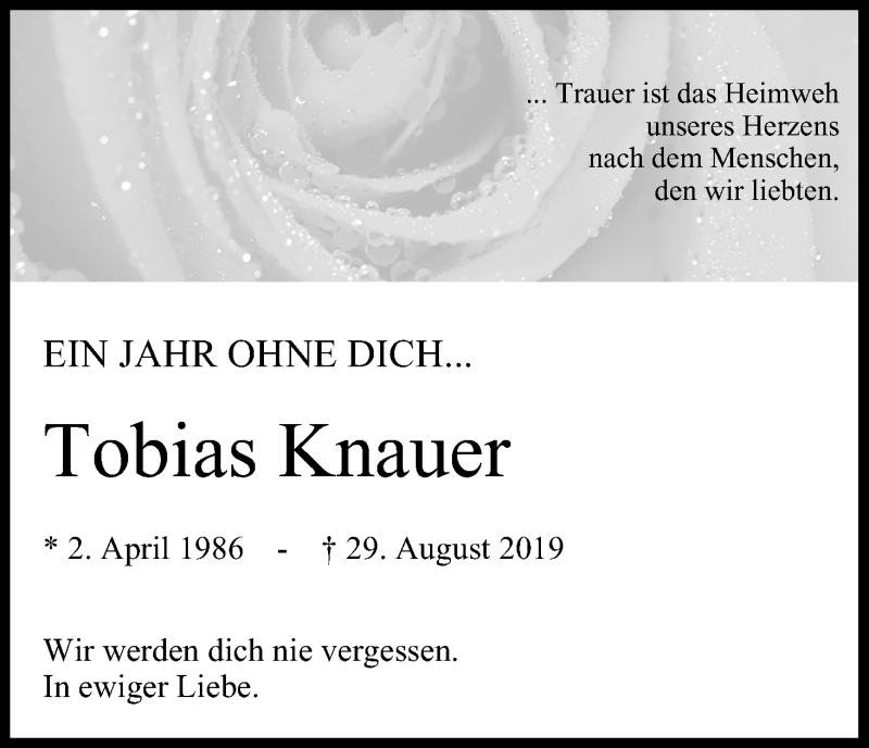  Traueranzeige für Tobias Knauer vom 29.08.2020 aus MGO