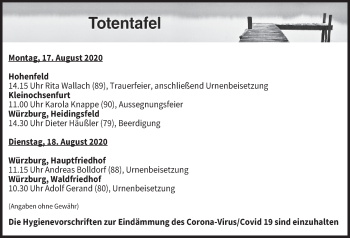 Anzeige von Totentafel vom 17.08.2020 von MGO