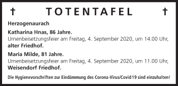 Anzeige von Totentafel vom 29.08.2020 von MGO