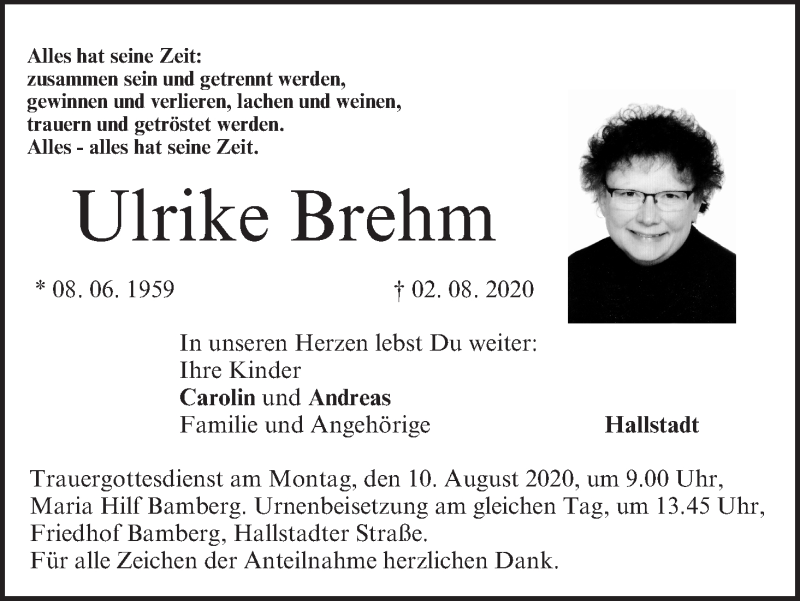  Traueranzeige für Ulrike Brehm vom 05.08.2020 aus MGO