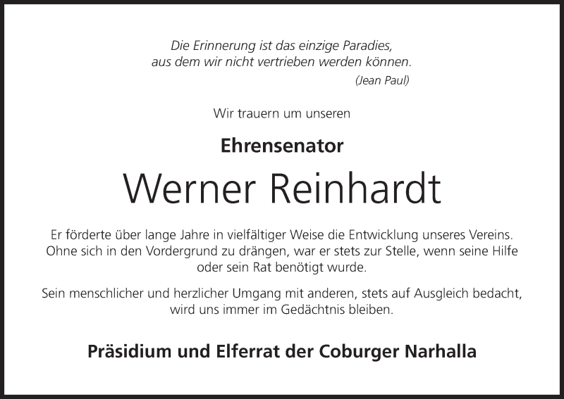  Traueranzeige für Werner Reinhardt vom 01.08.2020 aus MGO