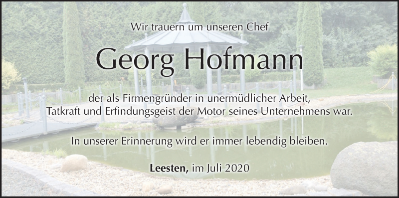  Traueranzeige für Georg Hofmann vom 06.08.2020 aus MGO