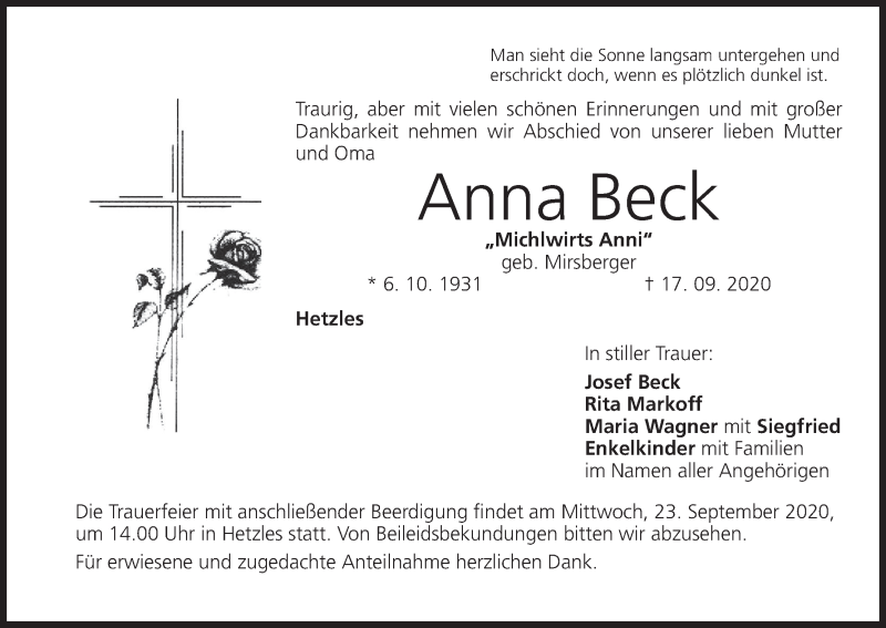 Anna Beck | Traueranzeige | trauer.inFranken.de