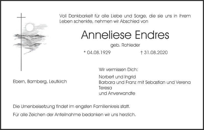  Traueranzeige für Anneliese Endres vom 08.09.2020 aus MGO