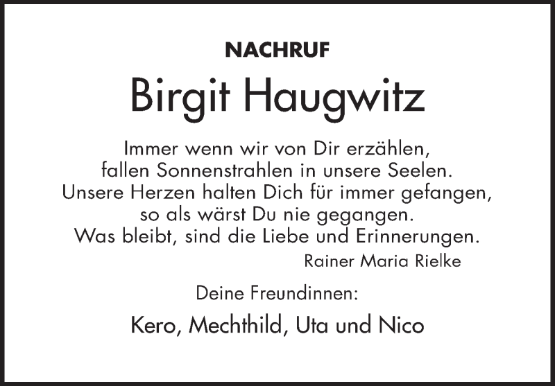 Traueranzeige für Birgit Haugwitz vom 12.09.2020 aus MGO