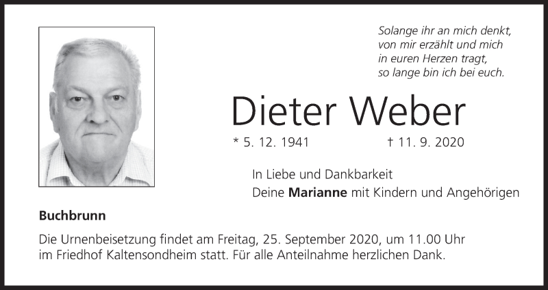  Traueranzeige für Dieter Weber vom 19.09.2020 aus MGO