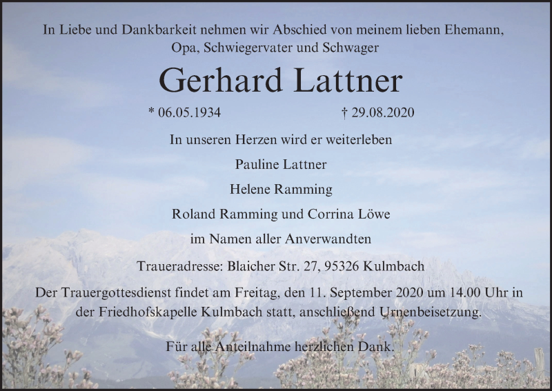  Traueranzeige für Gerhard Lattner vom 05.09.2020 aus MGO