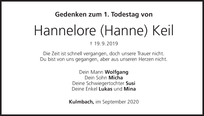  Traueranzeige für Hannelore  Keil vom 19.09.2020 aus MGO