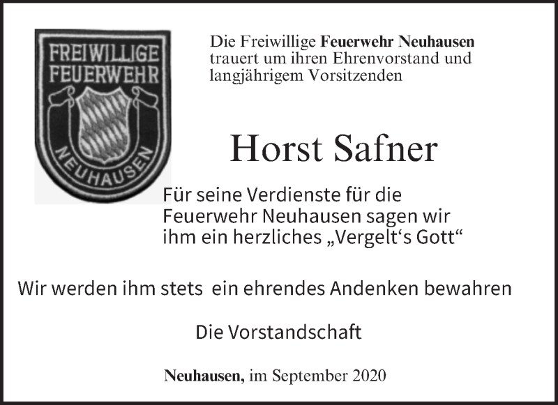  Traueranzeige für Horst Safner vom 19.09.2020 aus MGO