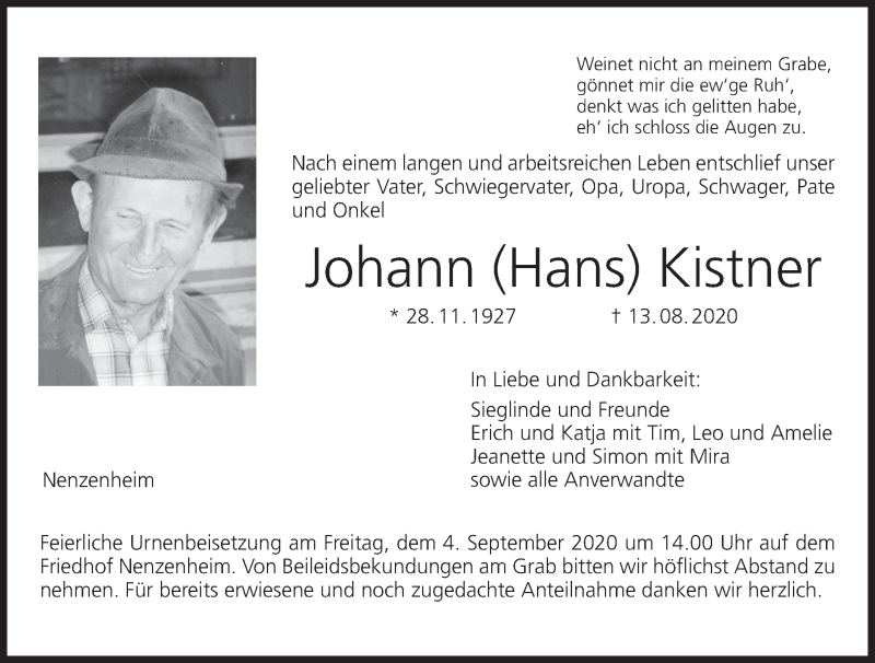  Traueranzeige für Johann  Kistner vom 01.09.2020 aus MGO