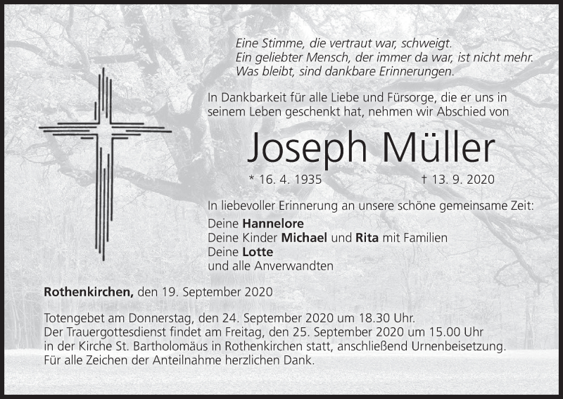  Traueranzeige für Joseph Müller vom 19.09.2020 aus MGO