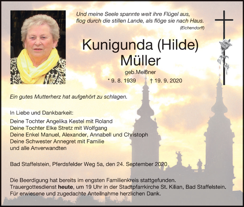  Traueranzeige für Kunigunda Müller vom 24.09.2020 aus MGO