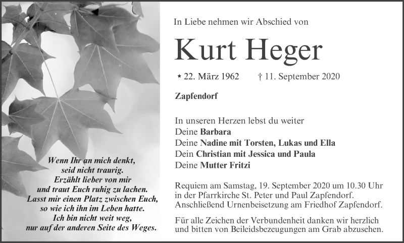  Traueranzeige für Kurt Heger vom 16.09.2020 aus MGO