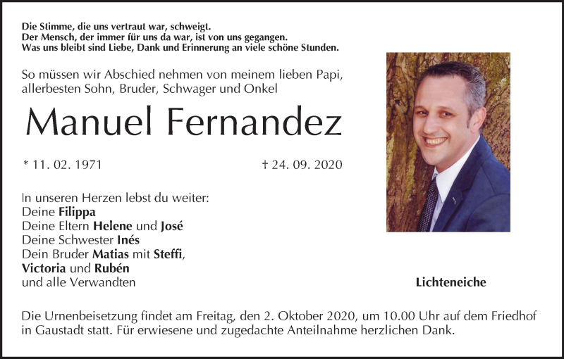 Traueranzeige für Manuel Fernandez vom 26.09.2020 aus MGO