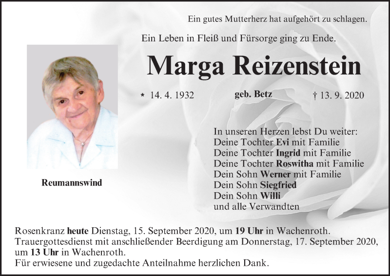  Traueranzeige für Marga Reizenstein vom 15.09.2020 aus MGO
