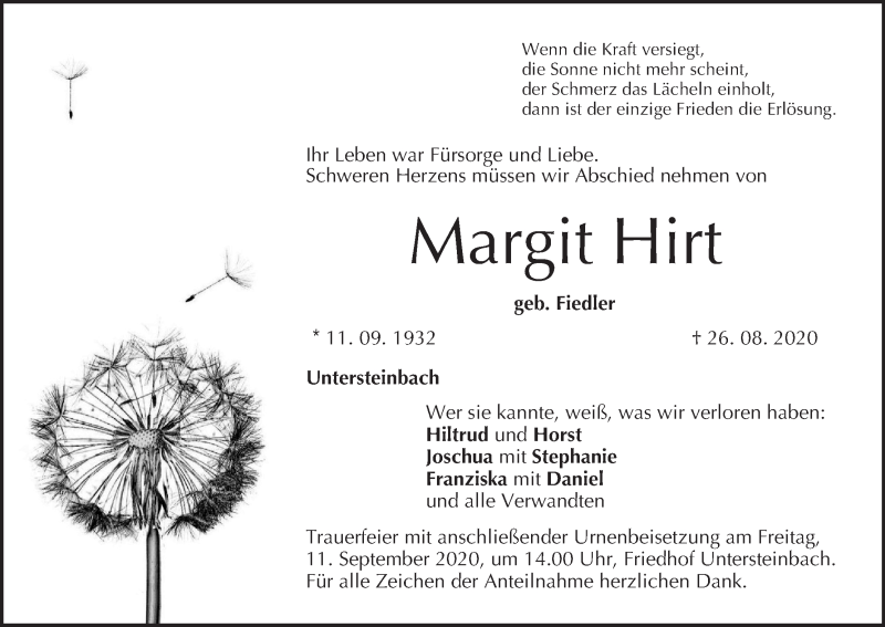  Traueranzeige für Margit Hirt vom 05.09.2020 aus MGO